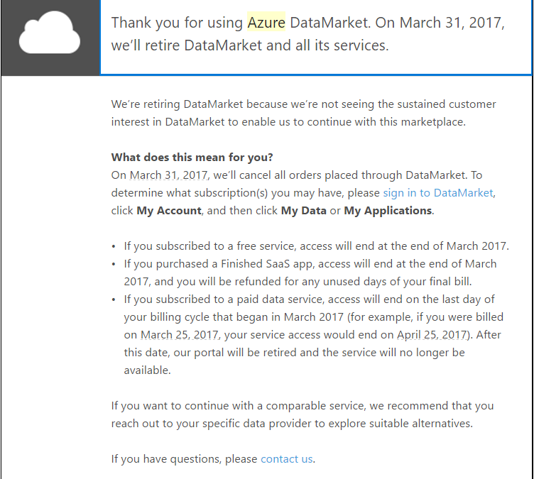 Azure DataMarket shutdown